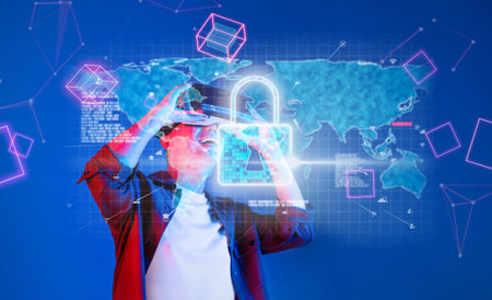 A man immersed in a virtual reality experience focused on cyber security, depicting digital locks...