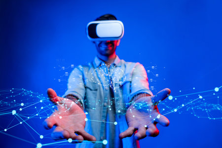 Explore the intersection of generative AI and cloud technology, showcasing the immersive experience of a user interacting with data in innovative ways.の写真素材