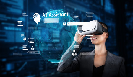 A professional woman engages with a VR headset showcasing an AI assistant interface, symbolizing the seamless integration of virtual reality and artificial intelligence technology.の写真素材