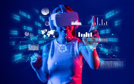 A woman interacts with virtual reality technology to explore big data visualizations, showcasing...