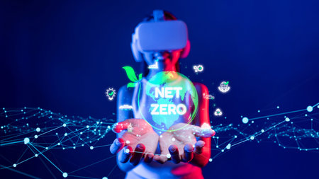 Digital globe with Net Zero surrounded by sustainability icons, representing the goal of reducing carbon emissions and achieving environmental balanceの写真素材