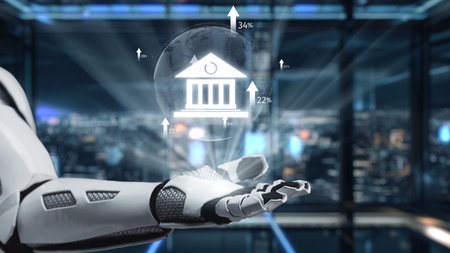 A futuristic robot hand presents digital financial data visualizations in a modern office, showcasing growth statistics against a vibrant city skyline at night.の写真素材