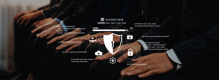 This image illustrates a digital cybersecurity theme, featuring a shield icon and hands of business professionals emphasizing the importance of data protection and user safety.の写真素材