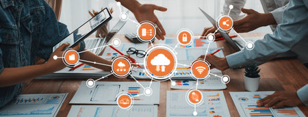 Analyst team utilizing BI Fintech to analyze and pointing at financial dashboard paper office....