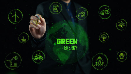 Explore the innovative world of green energy with icons representing sustainability, renewable resources, and eco-friendly solutions for a brighter future.の写真素材