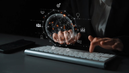 Global business network connecting digital economy and data exchange. Global business expands market, business shares data, global drives finance, and global business supports insight.の写真素材