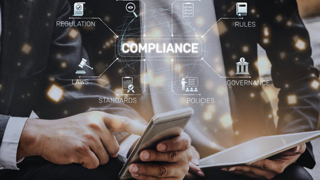 Compliance ensures alignment with standards, laws, and policies. A strong compliance system helps enforce regulation, protect organizations, and improve global compliance transparency.の写真素材