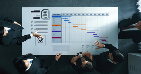 A project management dashboard for business. The interface features a Gantt chart to visualize the project timeline, task scheduling, and overall progress for efficient workflow.の写真素材