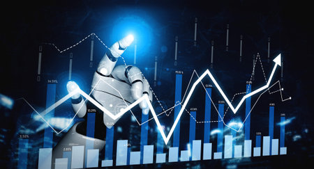 A robotic hand reaches out to interact with dynamic data visualizations, representing the integration of technology and analytics in modern business environments.の写真素材