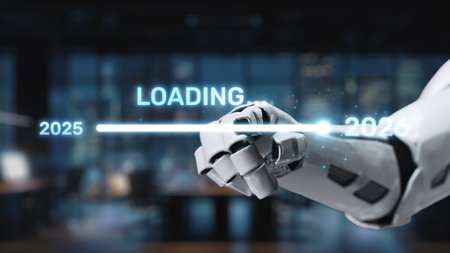 A futuristic robot hand is depicted in a loading animation with a progress bar, representing advancement in technology and artificial intelligence from 2025 to 2026. Synapseの写真素材