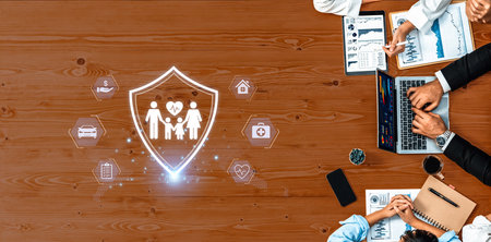 Concept of comprehensive insurance coverage and financial planning. A policy that provides life, health, and asset protection for a family's security and risk management.の写真素材