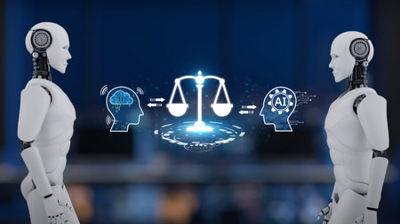 Two humanoid robots face each other, embodying the relationship between human and artificial intelligence, showcasing the balance of ethics in technology and innovation. Synapseの写真素材