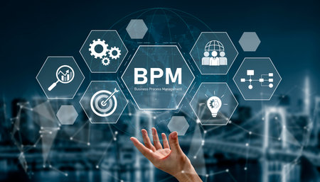 Business Process Management concept showing workflow analysis, process optimization, team...