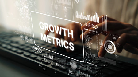 Hands Typing on Keyboard with Digital Growth Metrics and Analytics Overlay for Business Data Analysis. Asymptotic smart data analytic.の写真素材
