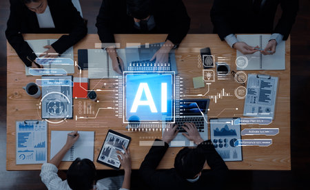 An AI-driven dashboard for business strategy and innovation. The platform provides data insights and tracks the workflow from strategic planning and activation to performance measurement.の写真素材