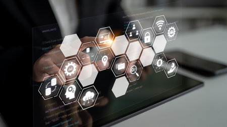 Hexagon interface combining AI, data, analytics, and cybersecurity. AI connects systems, data drives...