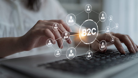 B2C strategy focus on delivery products directly to consumer. Successful B2C model enhance consumer engagement, streamline B2C logistics, and boost consumer satisfaction through digital retail.の写真素材