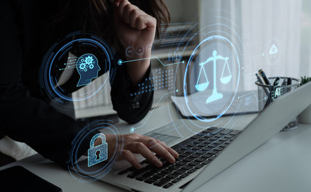 AI is transforming society, raising important ethics questions. Ethics in AI design ensures fairness. AI ethics promote responsible decision. Balancing AI power with strong ethics is essential.の写真素材