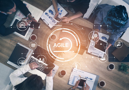 Agile project management using teams and agile planning for agile development. Agile enables flexibility, collaboration, and continuous improvement across modern workflows.の写真素材
