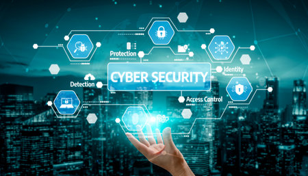 Futuristic Cyber Security Concept with Digital Icons and Symbols Illustrating Protection, Identity, and Access Control in Urban Setting. Tessel.の写真素材