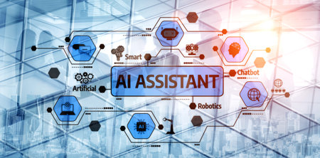 Modern illustration of an AI assistant concept featuring icons for chatbots, robotics, and smart...
