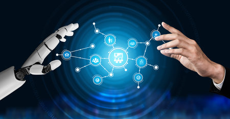 A robotic arm reaches out towards digital icons, representing the intersection of artificial...