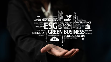 A business professional illustrates key ESG concepts emphasizing environmental sustainability, social responsibility, and ethical governance in a dynamic corporate landscape. Tesselの写真素材
