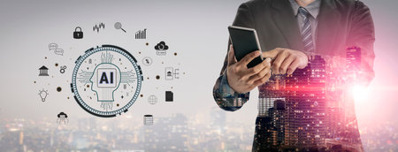 The role of AI in FinTech and modern business. A concept of using artificial intelligence for banking, investment, and data analysis solutions. Motifの写真素材