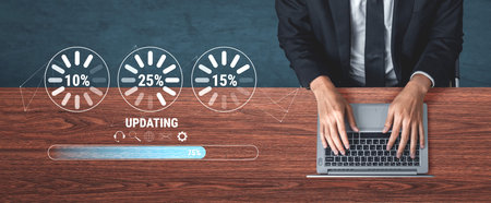 A concept of a system update and software installation. A progress bar and loading icons showing the...