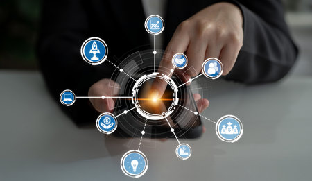 A professional user engages with a smartphone, surrounded by digital icons representing connectivity...