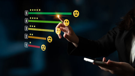 A customer satisfaction feedback and five star rating system. A concept for service review, product...