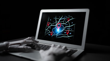 A smart AI assistant calculates the optimal delivery route using GPS navigation. This virtual system places location pins on a map to track a destination in real-time.の写真素材