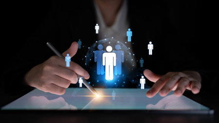 A concept of global leadership and network influence. A central team or individual connects with a professional network distributed across the world map, representing worldwide reach.の写真素材