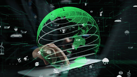 A digital representation of a green globe surrounded by eco-friendly symbols, showcasing the connection between technology and sustainability for a better future.の写真素材