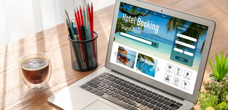 Online hotel accommodation booking website provide modish reservation system . Travel technology concept .の写真素材