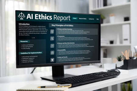 AI ethics responsibility standard law and rules on computer screen provide report of AI ethic...