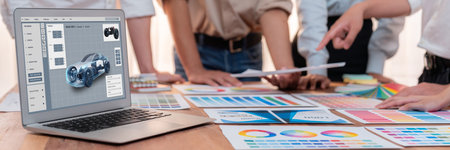 Electric car design software on computer screen showing simulation blueprint brisk by digital calculating application for manufacturing preparationの素材