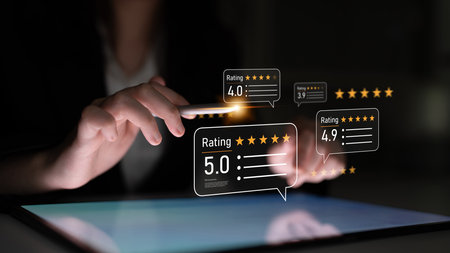 Customer centric review and rating system supports product review, digital rating concept, and customer give good trust by visualizing people choice through stars and feedback content technologyの写真素材