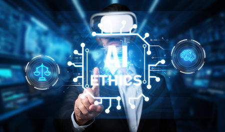 This image illustrates the concept of AI ethics within the legal and cyber security context, emphasizing responsible governance, regulation, and accountability in digital environments.の写真素材