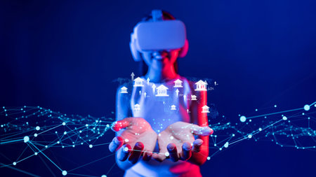 A person with a virtual reality headset holds out their hands, showcasing digital representations of...