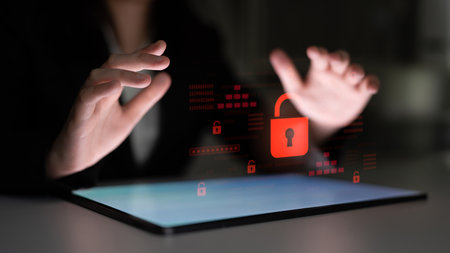 Digital security concept illustrating a cybersecurity breach, with a red unlocked padlock indicating data exposure among secure systems, emphasizing system vulnerability and risk Latchの写真素材