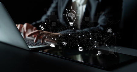 AI innovation with neural network and digital transformation. AI innovation drives automation, powers ideas, AI innovation enhances SEO, and AI innovation enables global connection.の写真素材