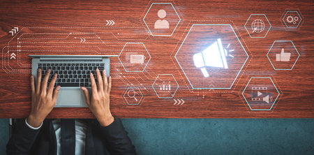 Digital marketing promotion strategy using megaphone, social media marketing, digital ads video content, communication, analytics, and global branding advertisement for business outreachの写真素材