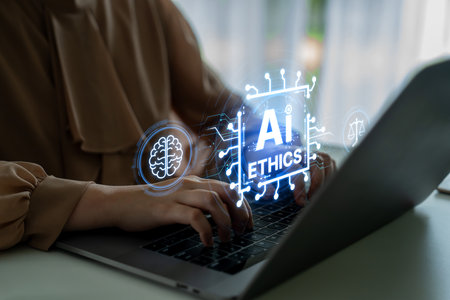 AI is transforming society, raising important ethics questions. Ethics in AI design ensures fairness. AI ethics promote responsible decision. Balancing AI power with strong ethics is essential.の写真素材