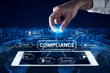 Compliance ensures alignment with standards, laws, and policies. A strong compliance system helps enforce regulation, protect organizations, and improve global compliance transparency.の写真素材