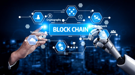 A human hand interacts with a robotic arm amidst a blockchain technology interface, symbolizing the...