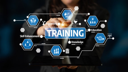 Modern training concept showcasing virtual icons that depict various aspects of education and skill enhancement through innovative digital platforms. Tesselの写真素材