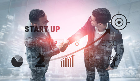 A business start up growth strategy from idea to success. The process of funding, planning, and partnership to reach global market targets. Motifの写真素材