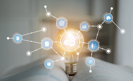 This image depicts a light bulb surrounded by infographics and connections, symbolizing innovation, performance metrics, and strategies for business growth. Cruxの写真素材