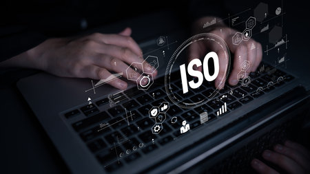 The concept of ISO certification for international quality management standards. A system for ensuring business process quality, efficiency, and compliance. Motifの写真素材